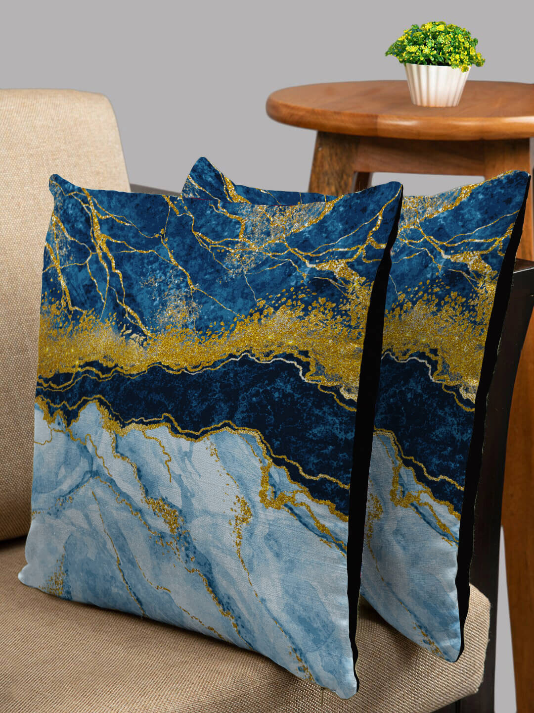 

HOUZZCODE Blue & Yellow Set of 2 Abstract Square Cushion Covers