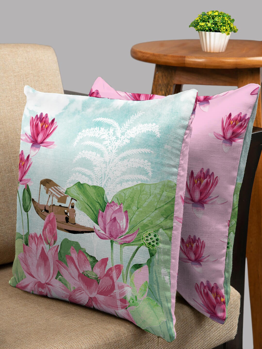 

HOUZZCODE Set of 2 Green & Pink Floral Square Cushion Covers