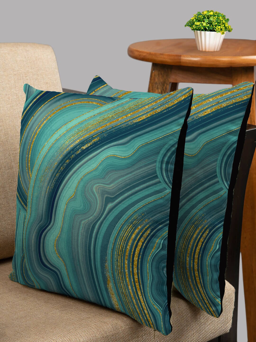

HOUZZCODE Green & Black Set of 2 Abstract Square Cushion Covers