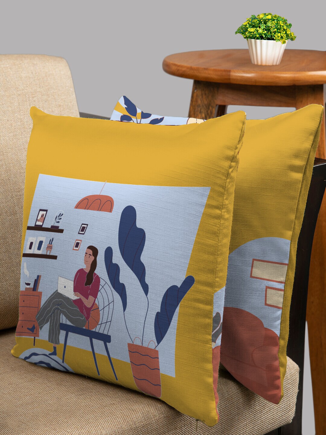 

HOUZZCODE Yellow & Blue Set of 2 Abstract Square Cushion Covers