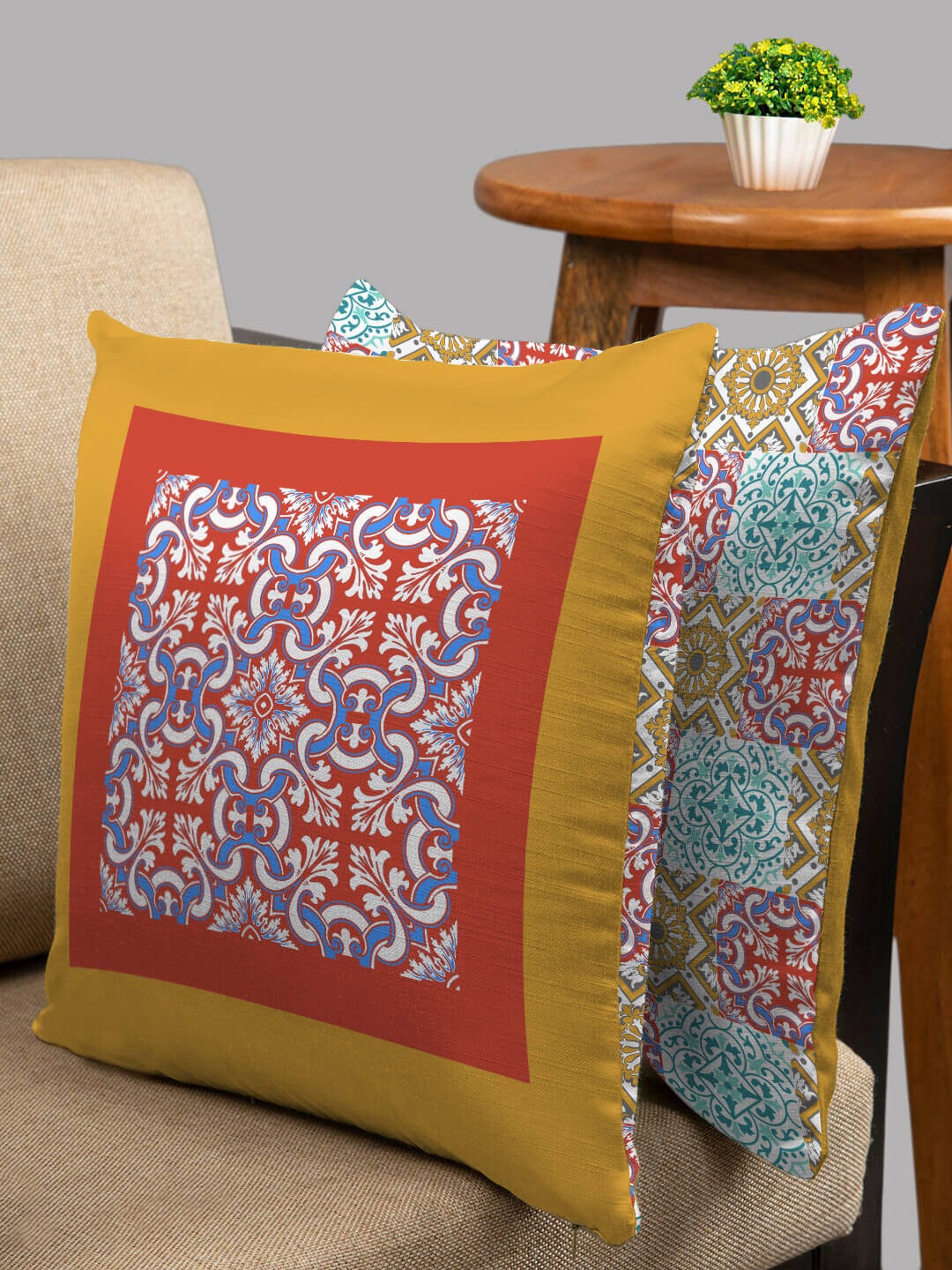 

HOUZZCODE Set of 2 Brown & Green Ethnic Motifs Square Cushion Covers