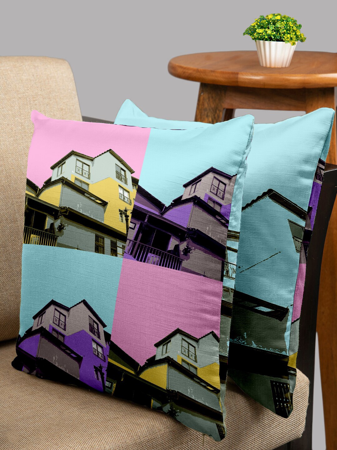 

HOUZZCODE Set of 2 Turquoise Blue & Black Abstract Square Cushion Covers
