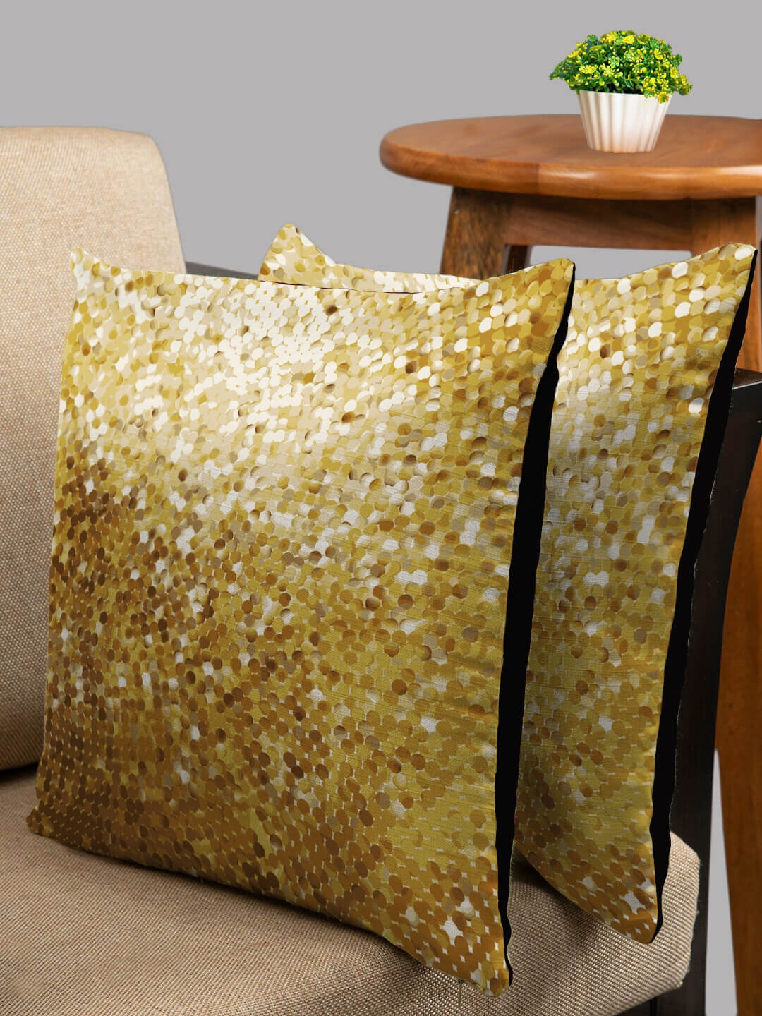 

HOUZZCODE Set of 2 Yellow & Black Embellished Square Cushion Covers