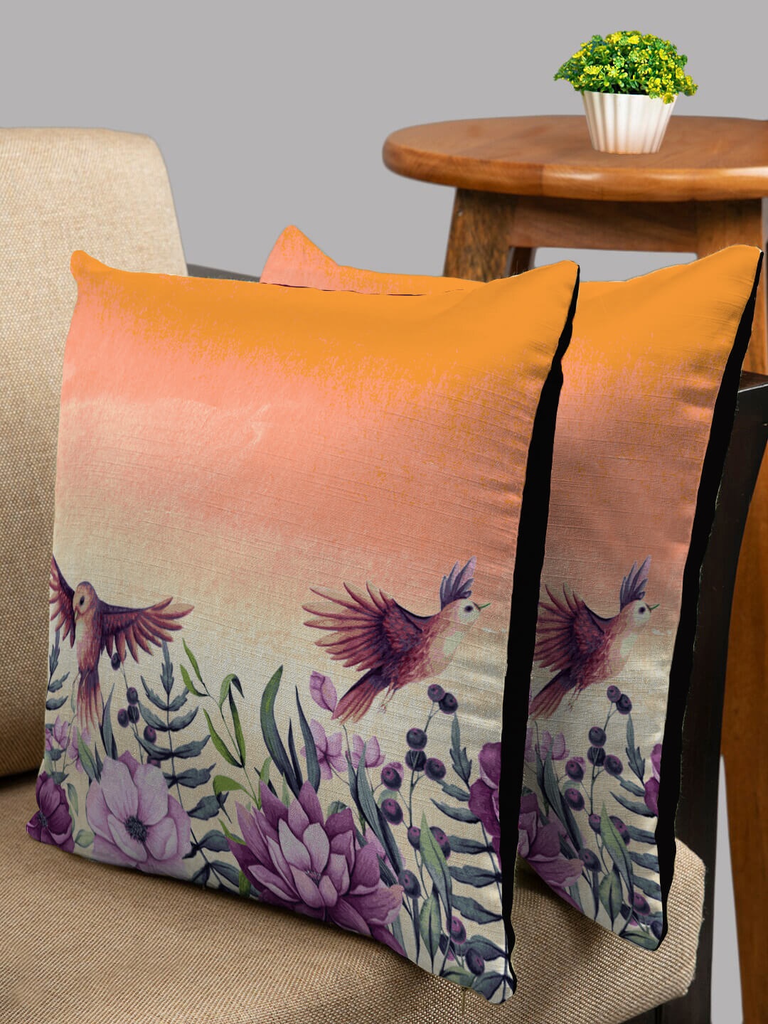 

HOUZZCODE Orange & Purple Set of 2 Floral Square Cushion Covers