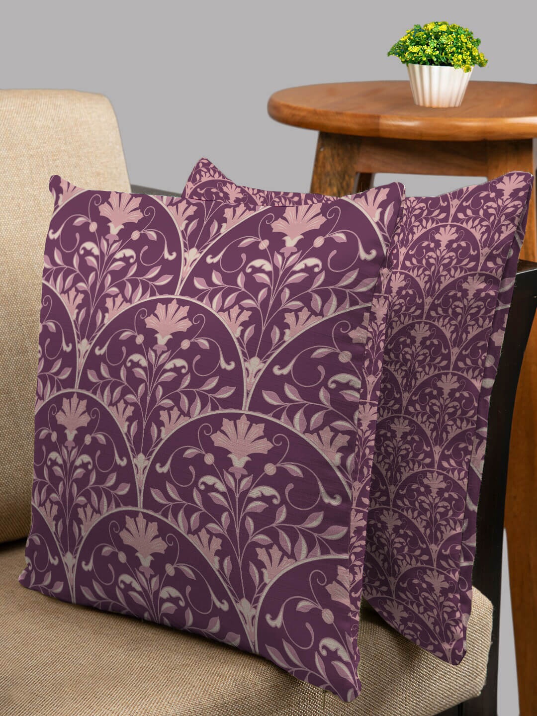 

HOUZZCODE Set of 2 Purple & Peach-Coloured Ethnic Motifs Square Cushion Covers