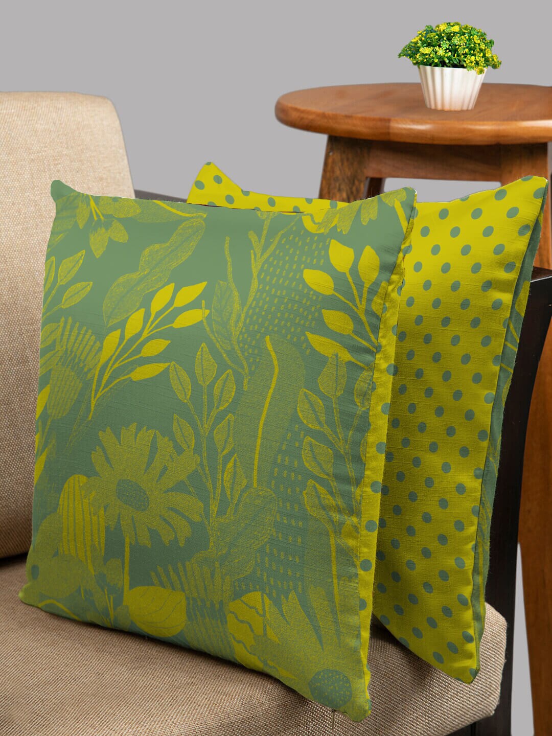 

HOUZZCODE Green Set of 2 Floral Square Cushion Covers, Mustard