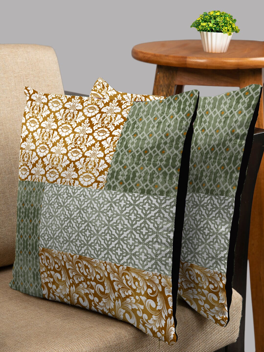 

HOUZZCODE Set of 2 Green & Cream-Coloured Floral Square Cushion Covers