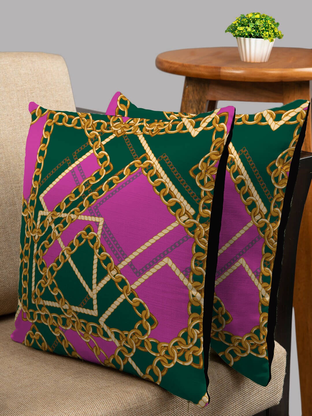 

HOUZZCODE Green & Pink Set of 2 Geometric Square Cushion Covers