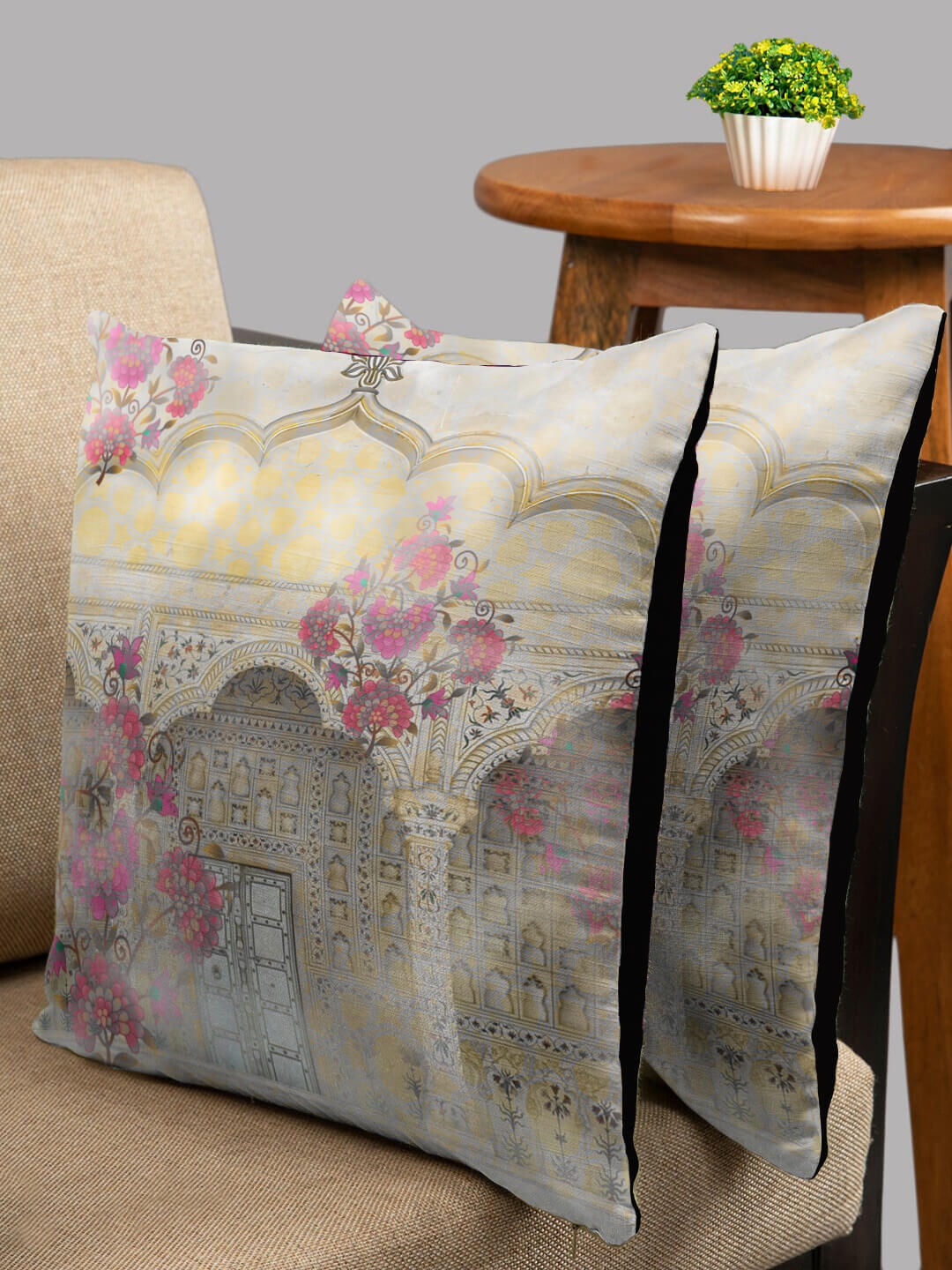 

HOUZZCODE White & Pink Set of 2 Abstract Square Cushion Covers