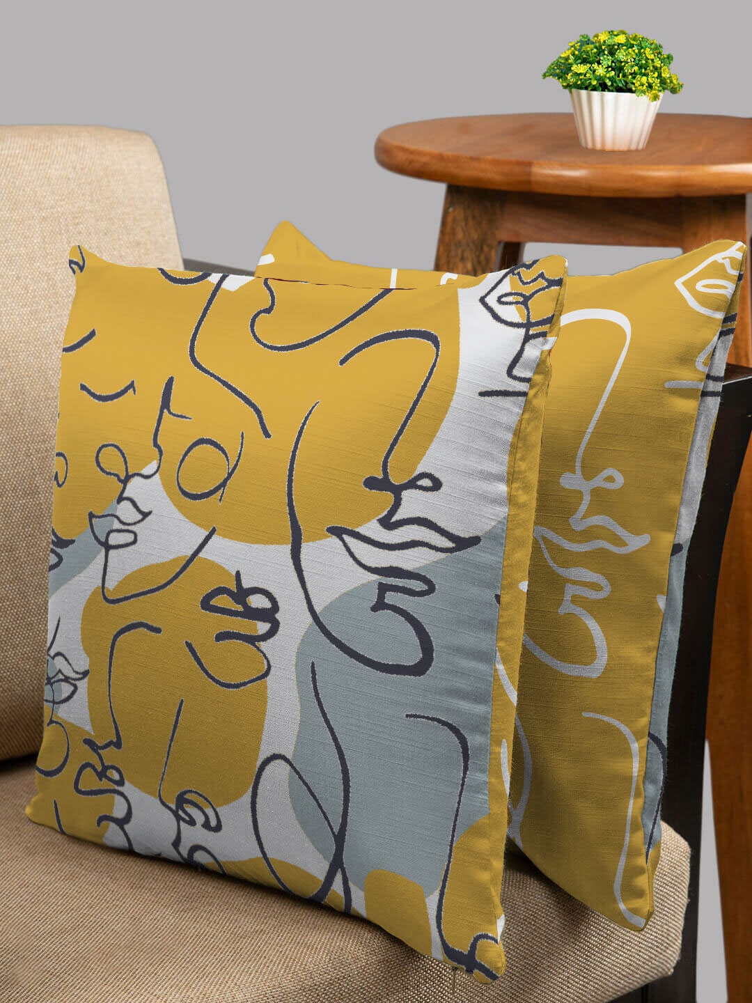 

HOUZZCODE Set of 2 Yellow & White Abstract Square Cushion Covers