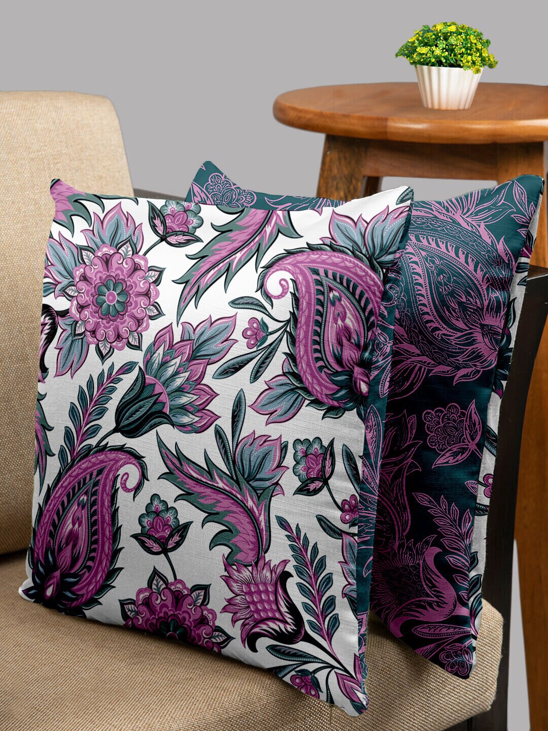 

HOUZZCODE White & Purple Set of 2 Floral Square Cushion Covers