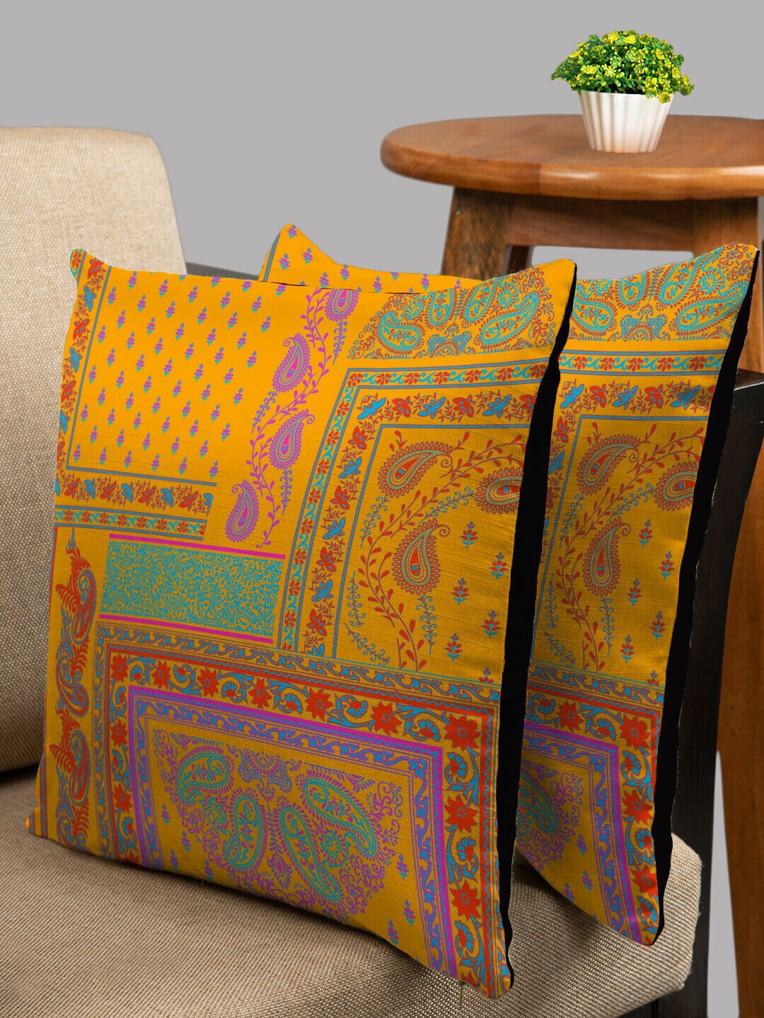 

HOUZZCODE Yellow & Red Set of 2 Ethnic Motifs Square Cushion Covers