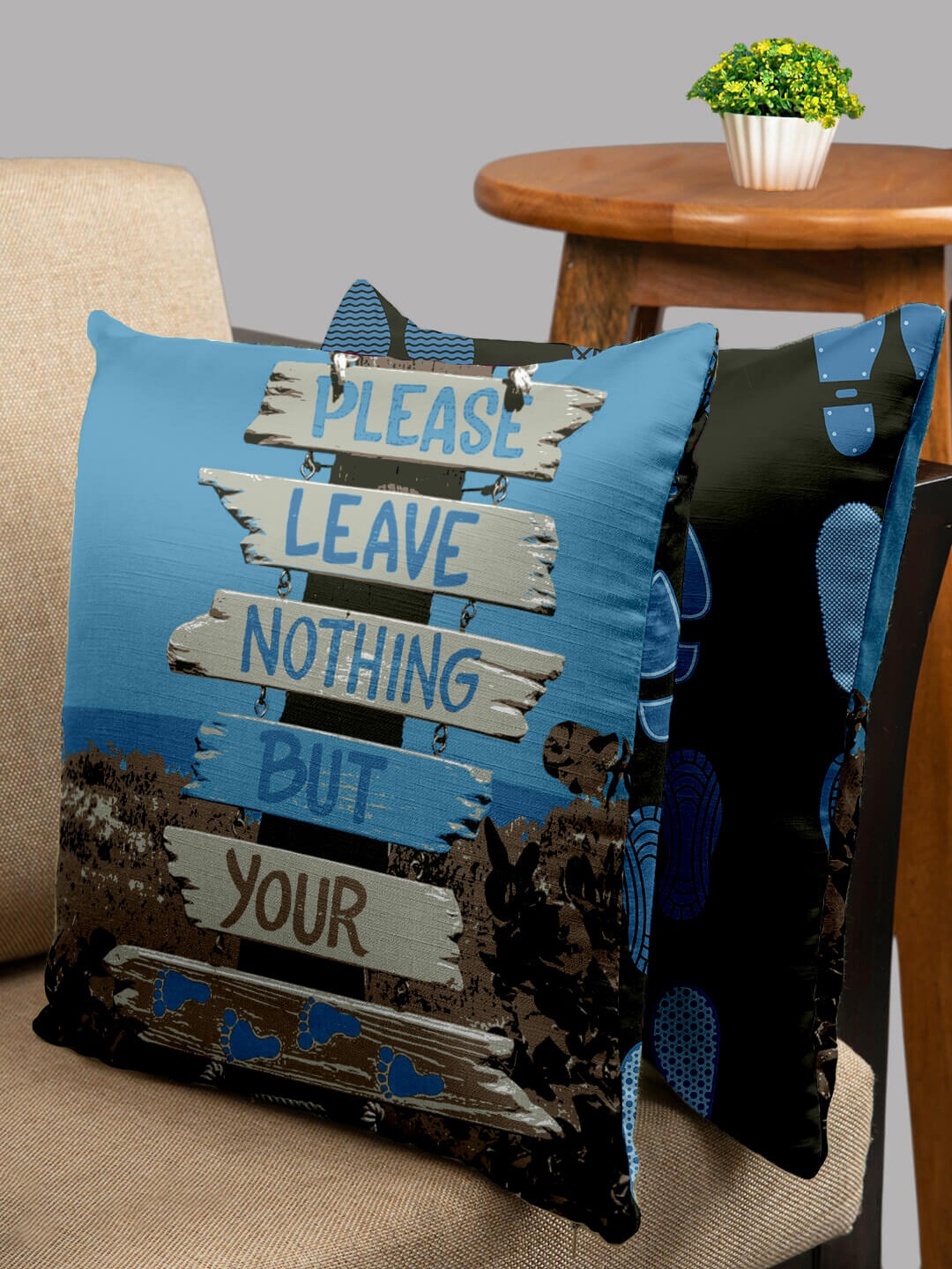 

HOUZZCODE Set of 2 Blue & Black Printed Square Cushion Covers