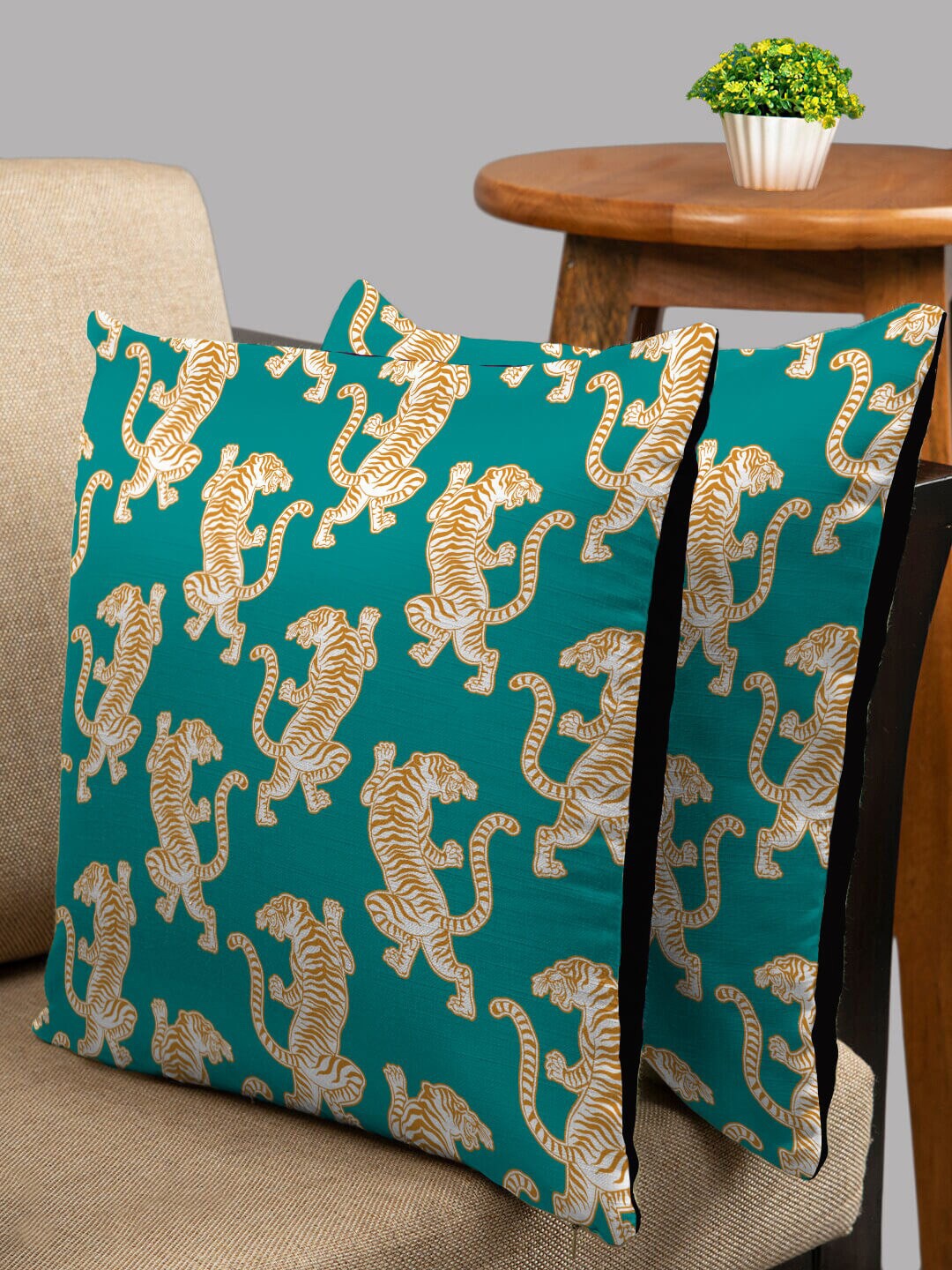 

HOUZZCODE Green & Brown Set of 2 Quirky Square Cushion Covers