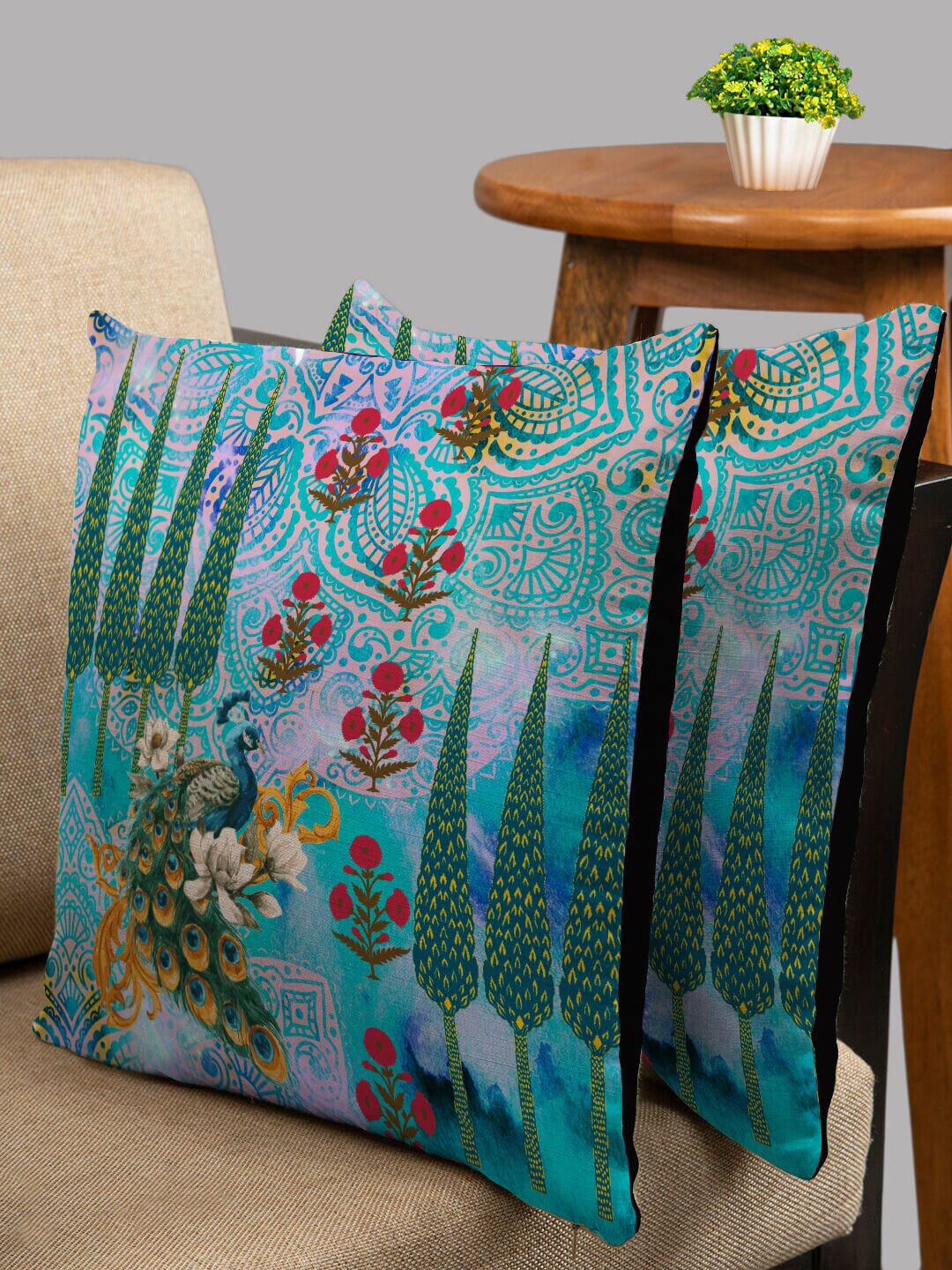 

HOUZZCODE Blue & Green Set of 2 Floral Square Cushion Covers