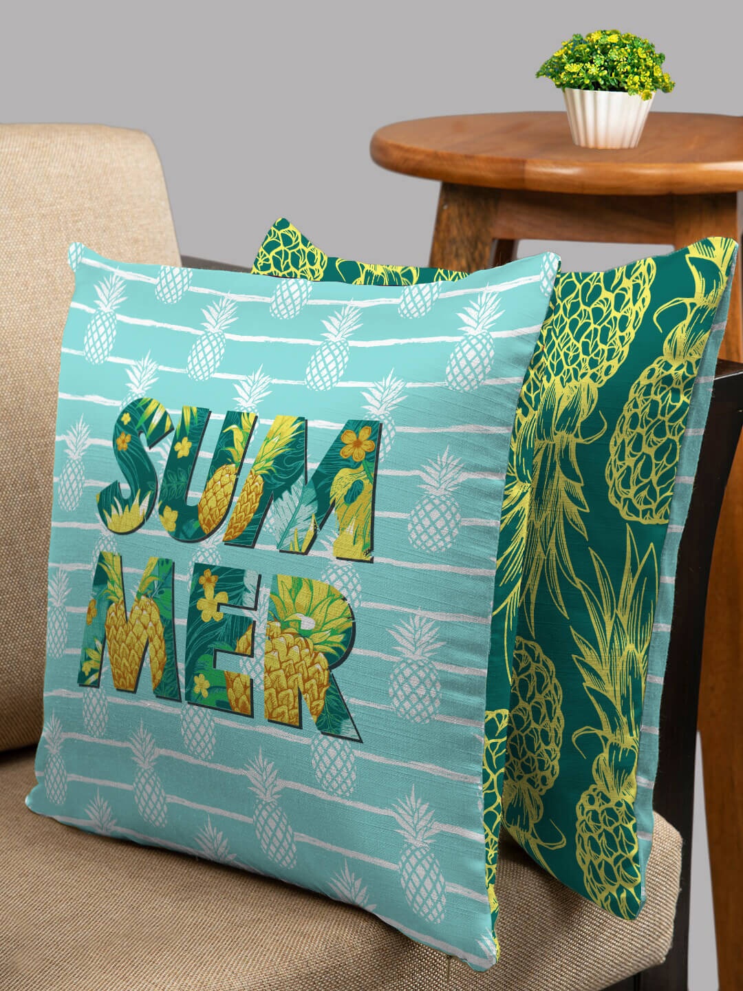 

HOUZZCODE Set of 2 Green & Blue Abstract Square Cushion Covers