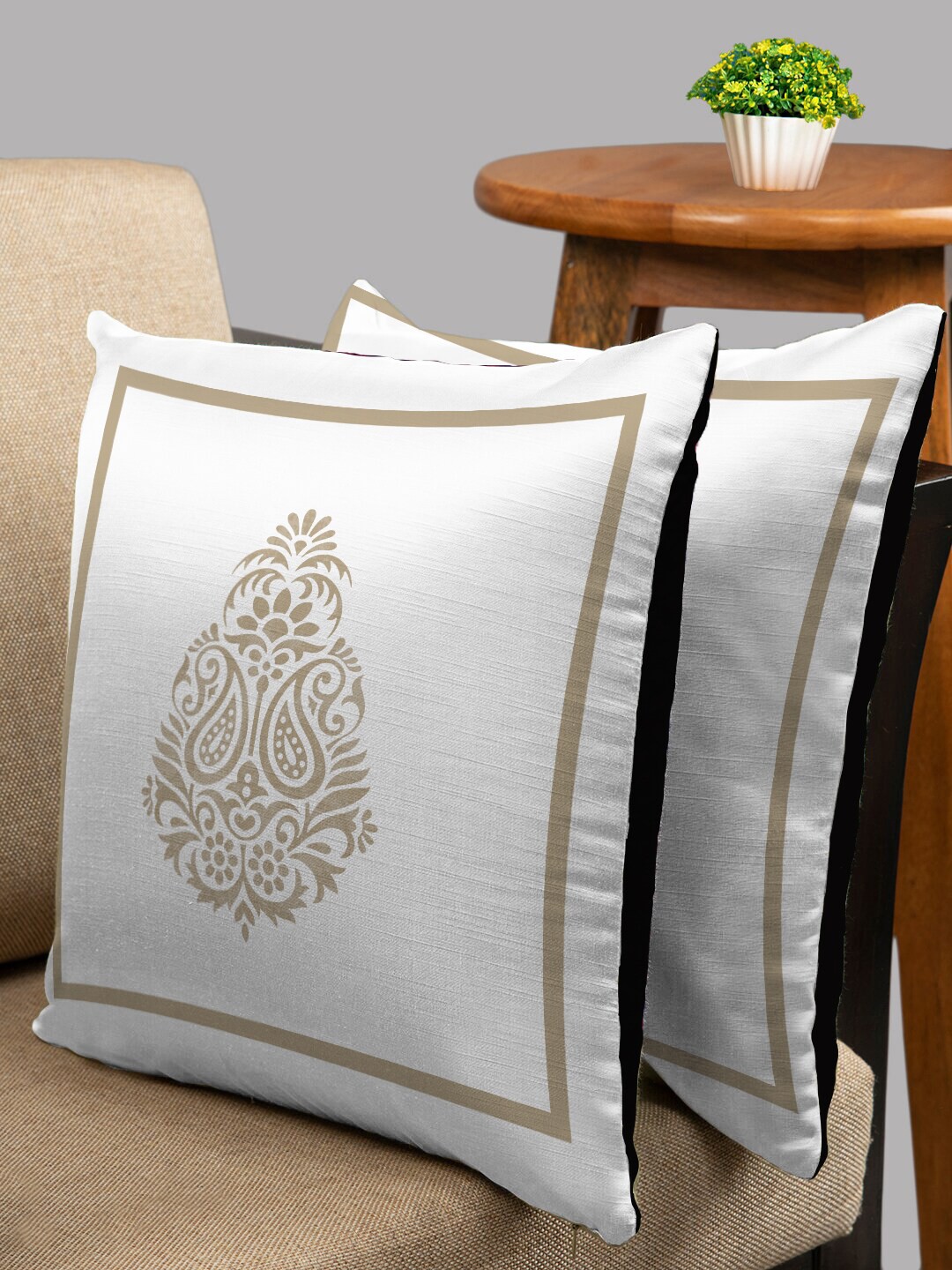 

HOUZZCODE Set of 2 White & Black Ethnic Motifs Square Cushion Covers