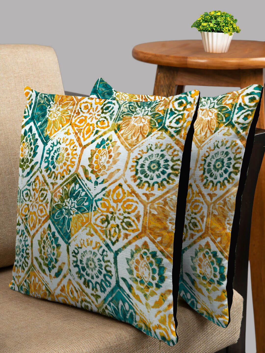 

HOUZZCODE Set of 2 White & Teal Ethnic Motifs Square Cushion Covers