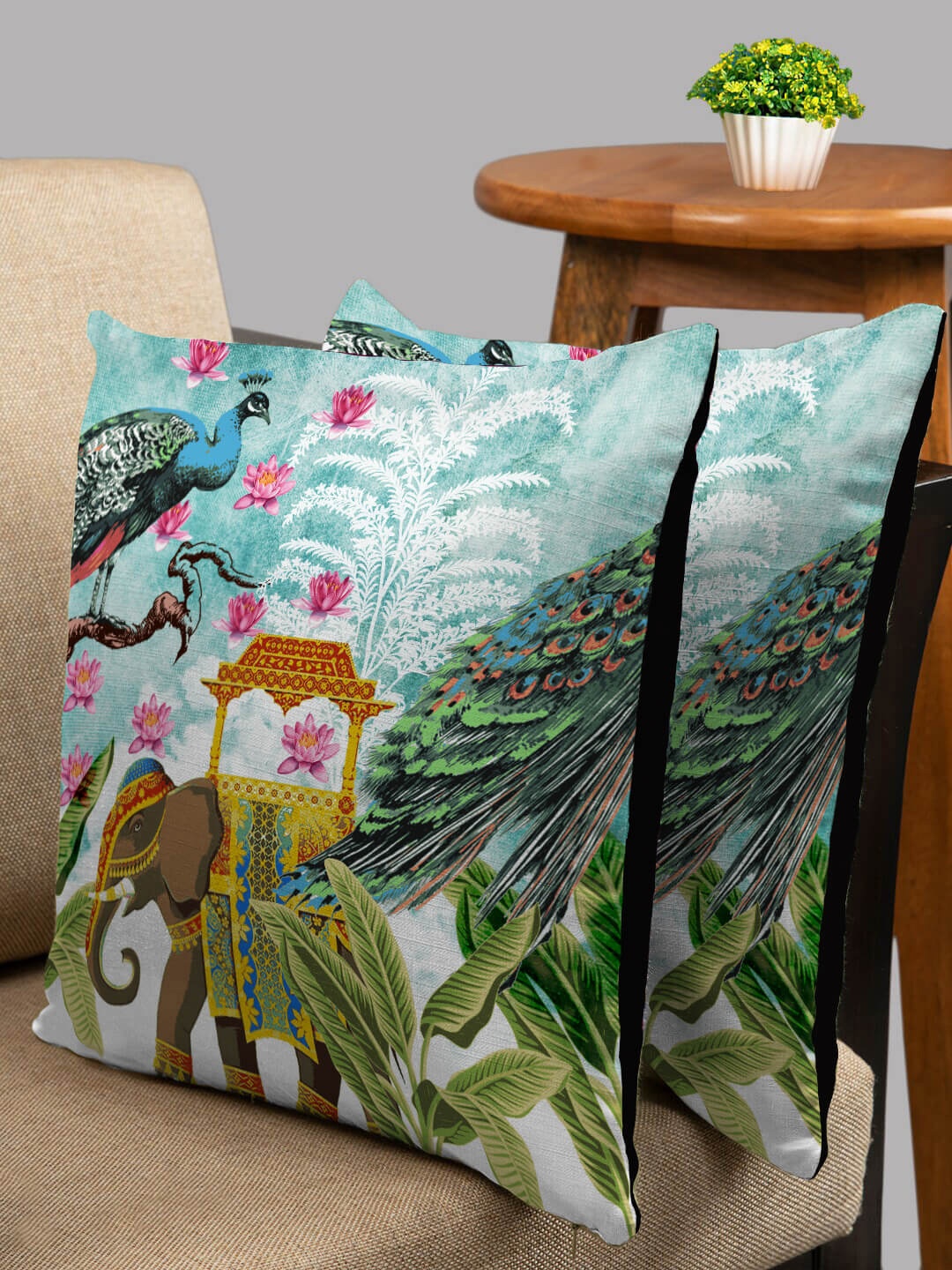 

HOUZZCODE Blue & Green Set of 2 Floral Square Cushion Covers
