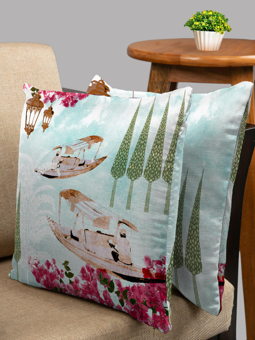 

HOUZZCODE Blue & Pink Set of 2 Abstract Square Cushion Covers