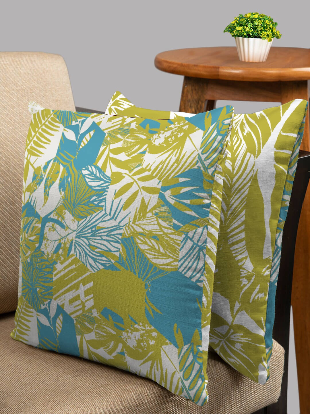 

HOUZZCODE Olive Green & White Set of 2 Abstract Square Cushion Covers