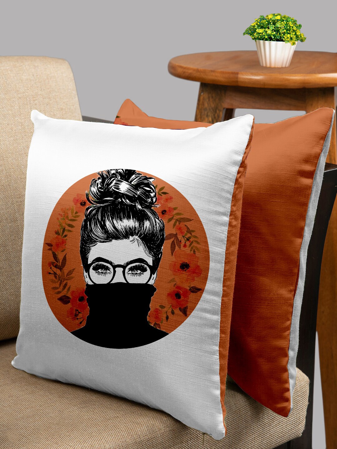 

HOUZZCODE Set of 2 Orange & White Abstract Square Cushion Covers