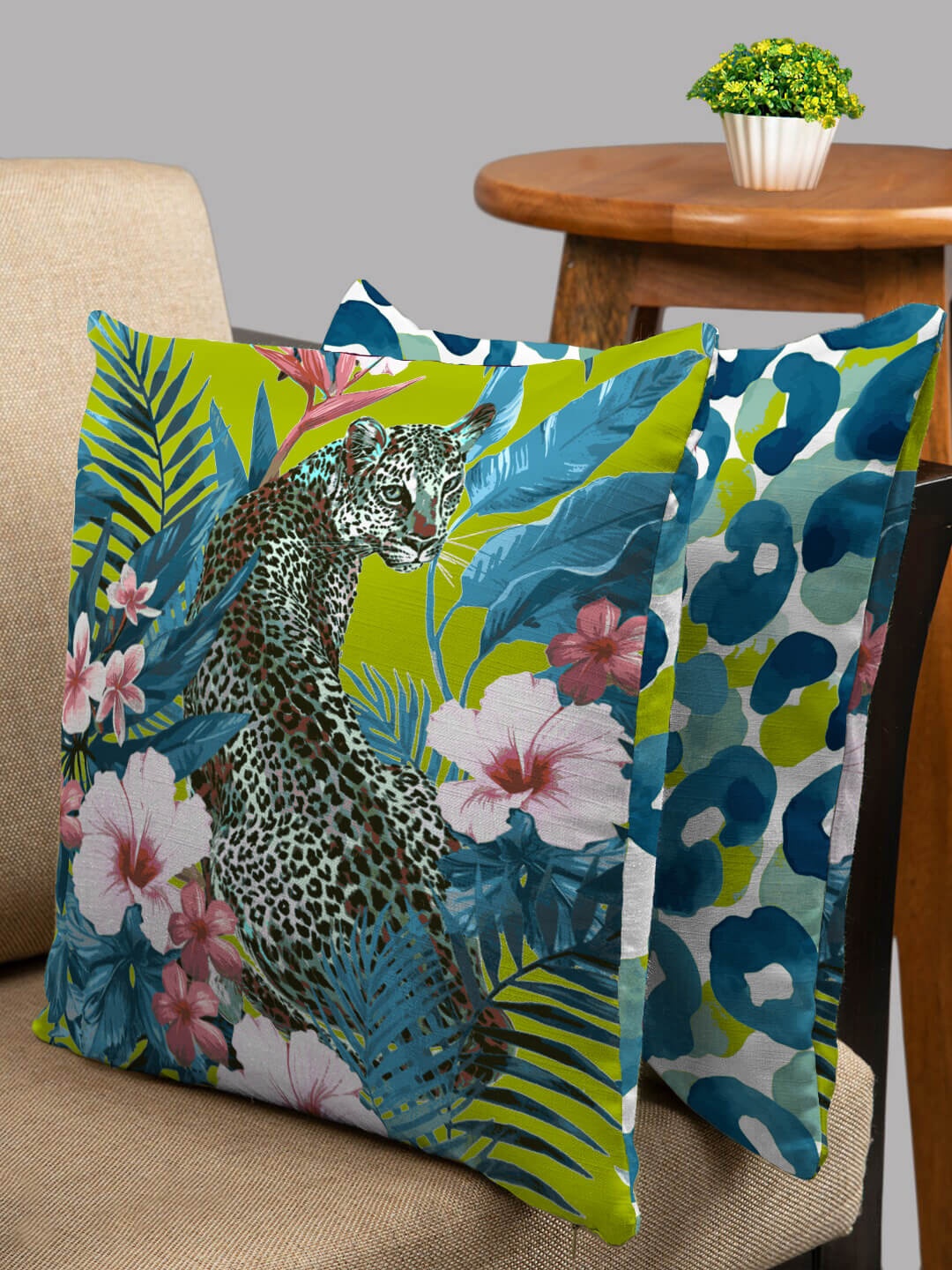

HOUZZCODE Set of 2 Green & Blue Splendor Floral Square Cushion Covers