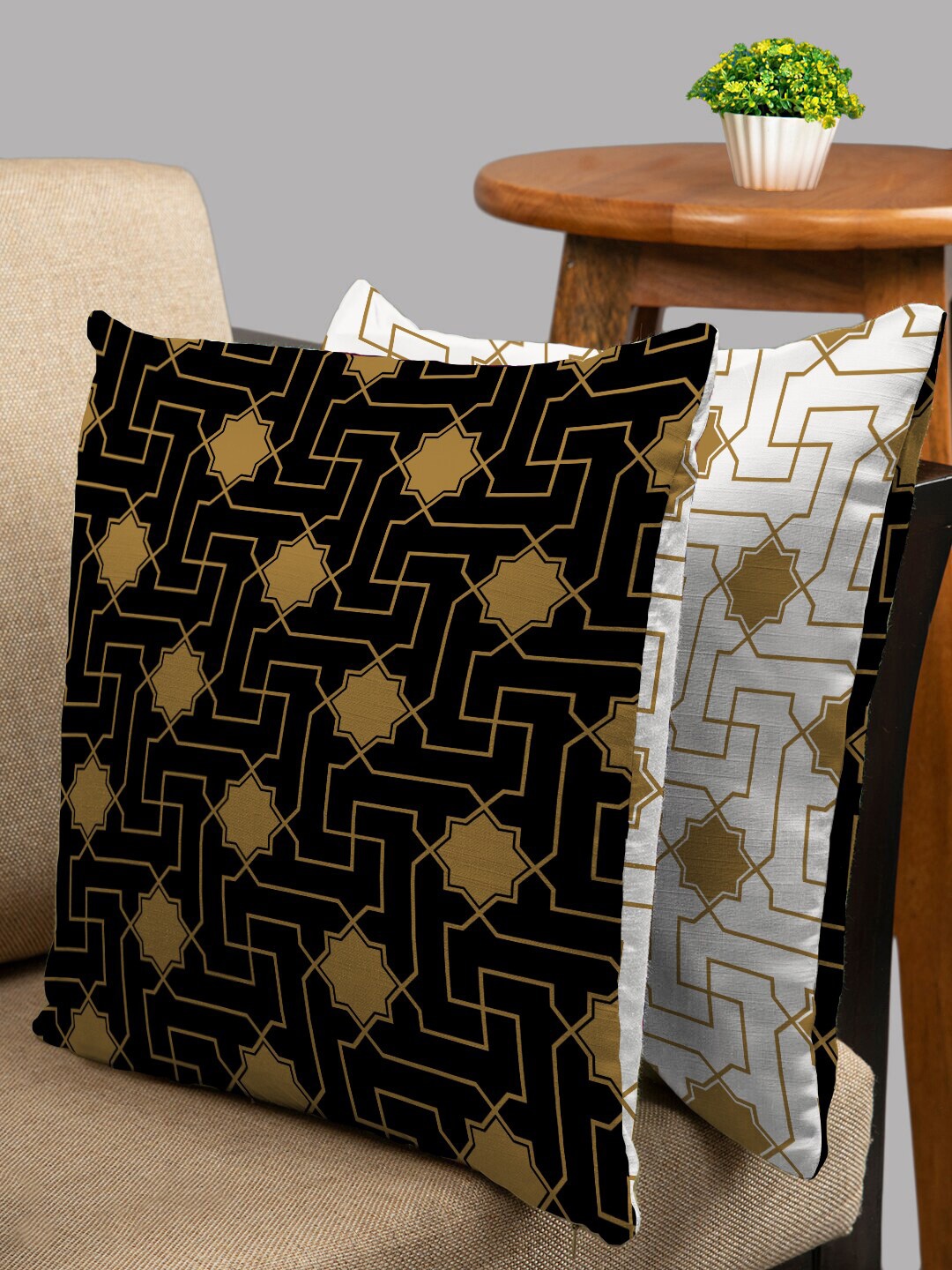 

HOUZZCODE Set of 2 Gold-Toned & White Geometric Square Cushion Covers