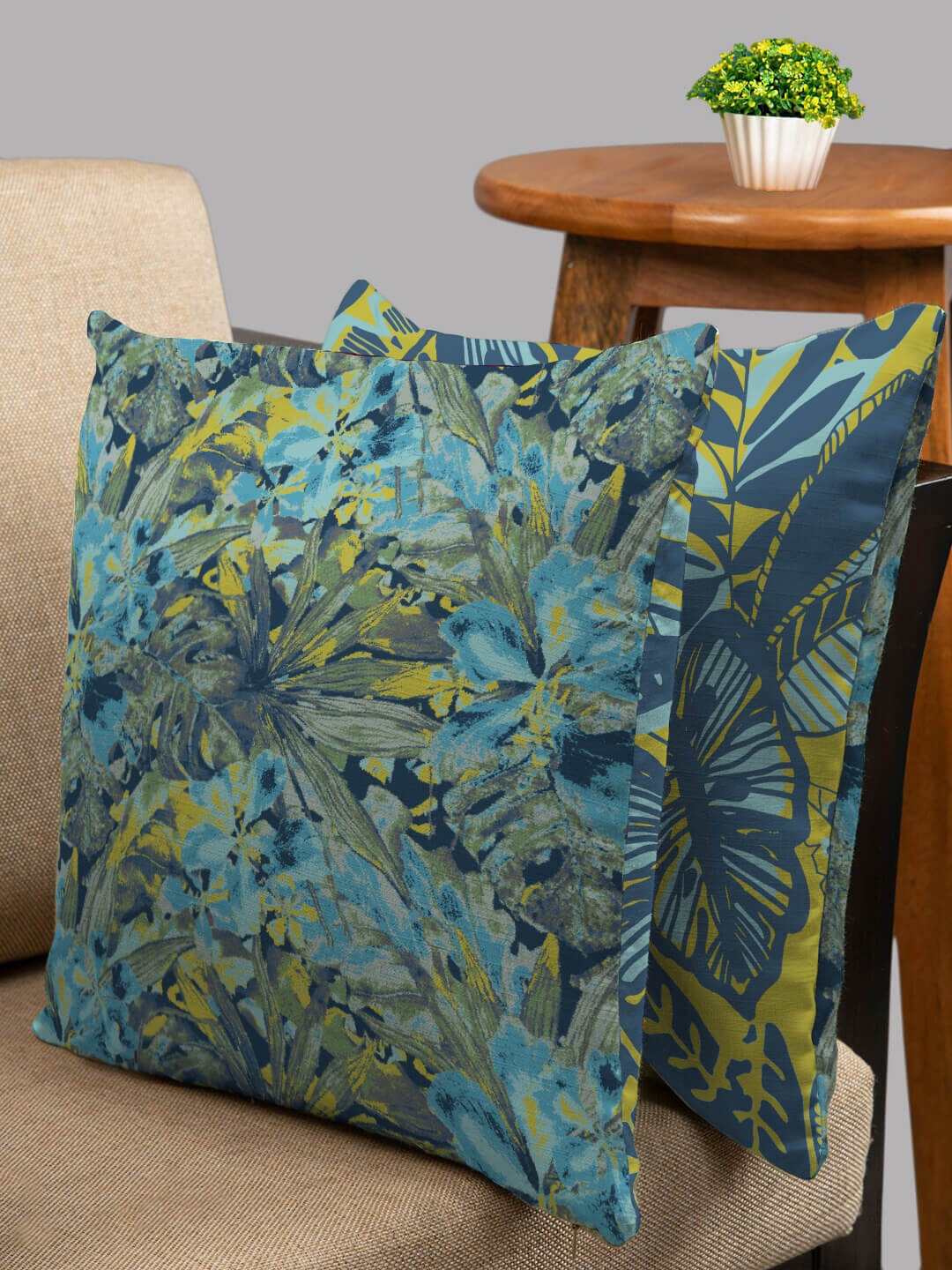 

HOUZZCODE Green & Blue Set of 2 Floral Square Cushion Covers