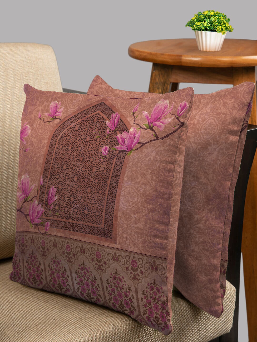 

HOUZZCODE Brown & Pink Set of 2 Ethnic Motifs Square Cushion Covers