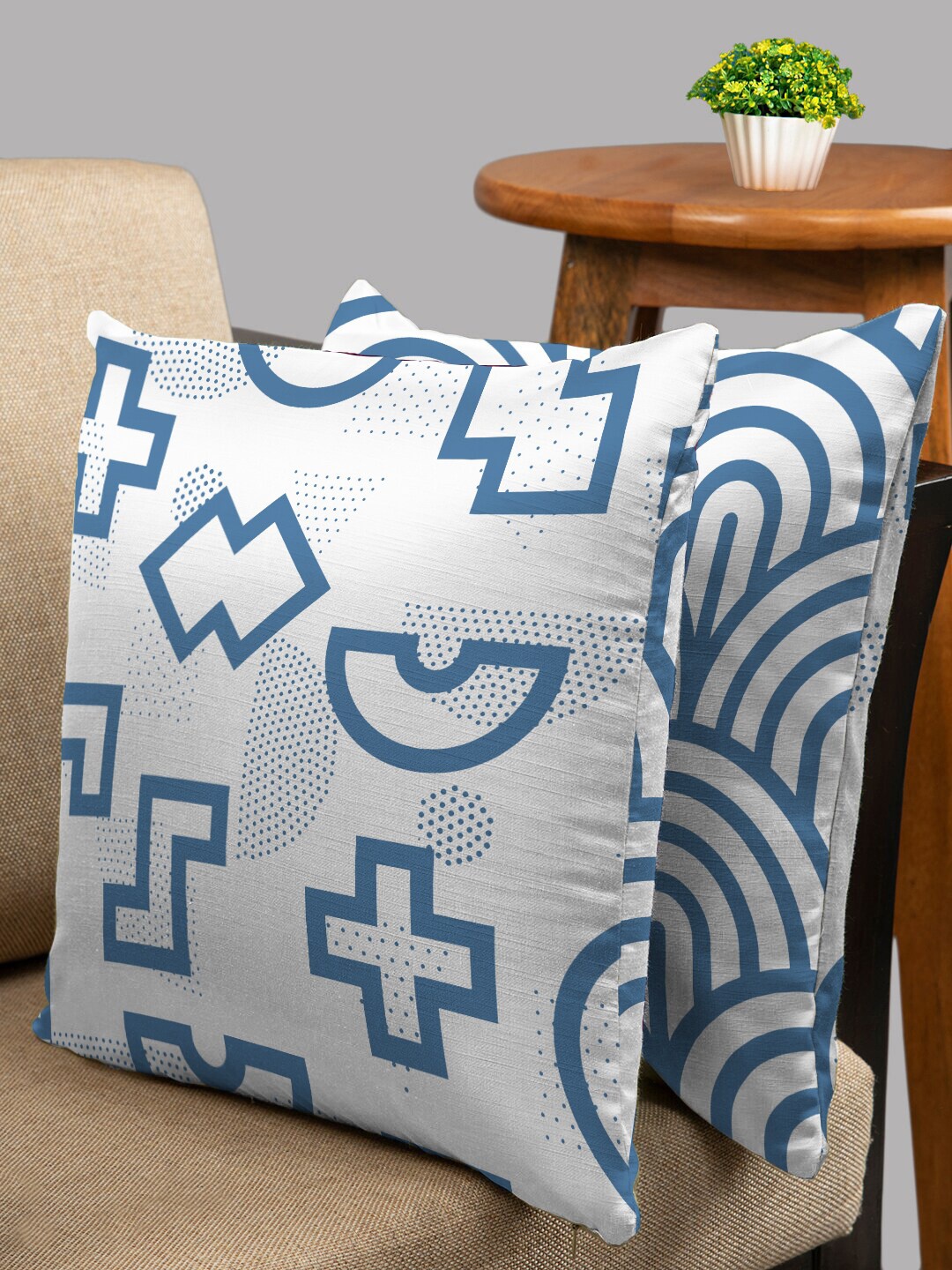 

HOUZZCODE White & Blue Set of 2 Abstract Square Cushion Covers