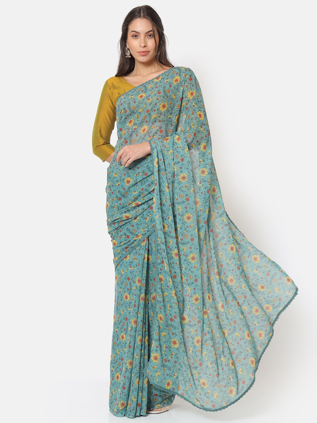 

Saaki Teal Blue & Red Floral Saree