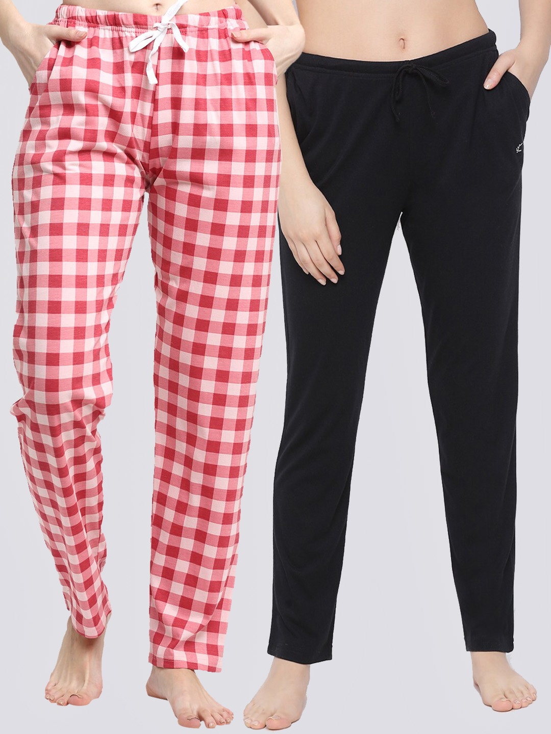 

Kanvin Women Pack Of 2 Solid & Printed Pure Cotton Lounge Pants, Black