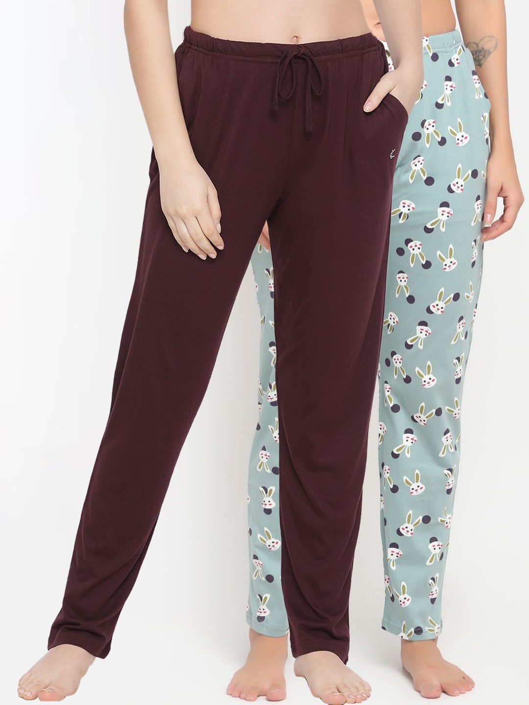 

Kanvin Women Pack Of 2 Printed Pure Cotton Lounge Pants, Brown