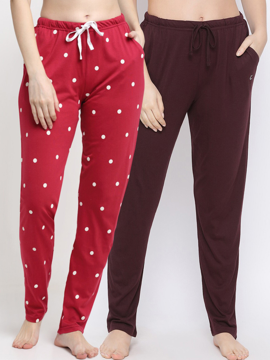 

Kanvin Women Pack Of 2 Brown & Red Printed Pure Cotton Lounge Pants
