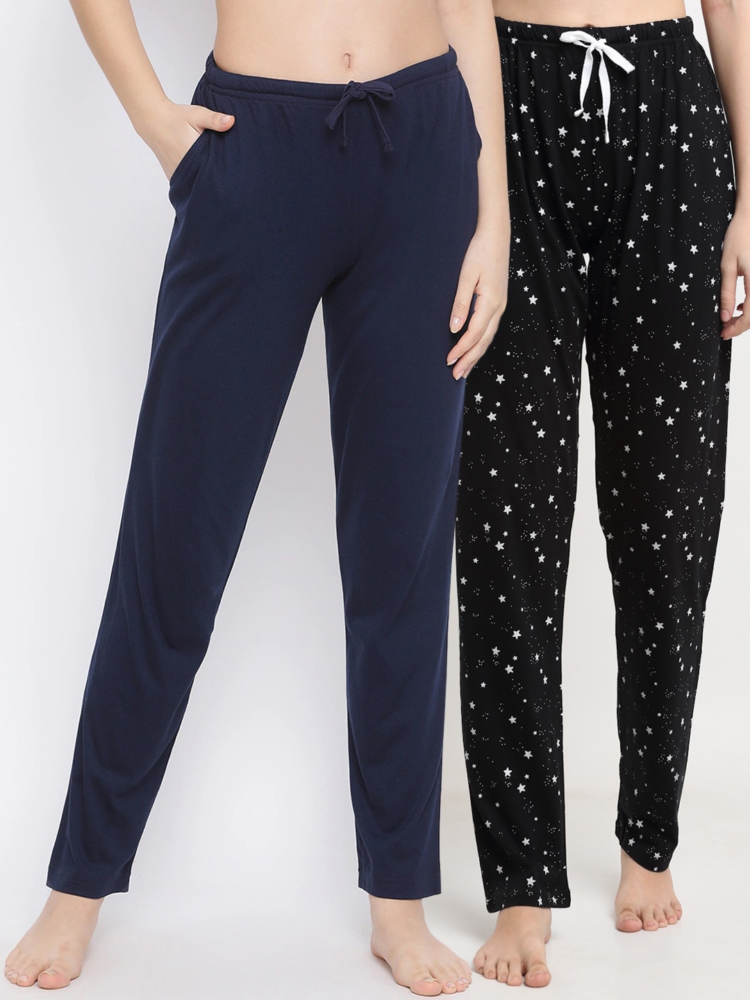 

Kanvin Women Pack Of 2 Printed Pure Cotton Lounge Pants, Navy blue