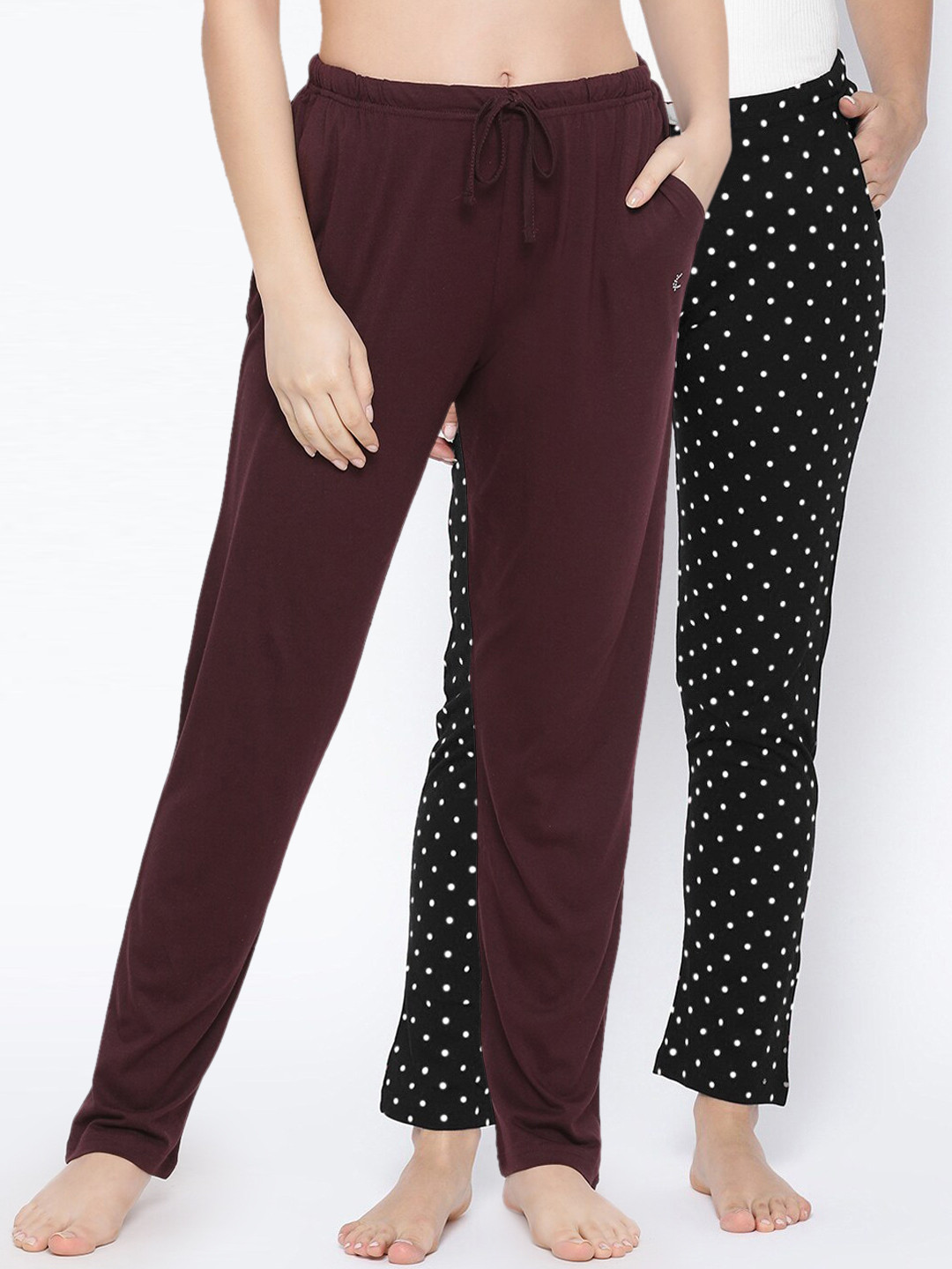 

Kanvin Women Pack Of 2 Printed & Solid Pure Cotton Lounge Pants, Brown