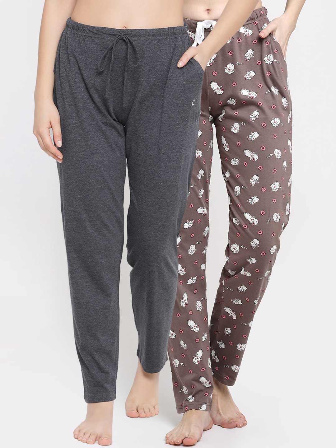 

Kanvin Women Pack Of 2 Printed Pure Cotton Lounge Pants, Charcoal