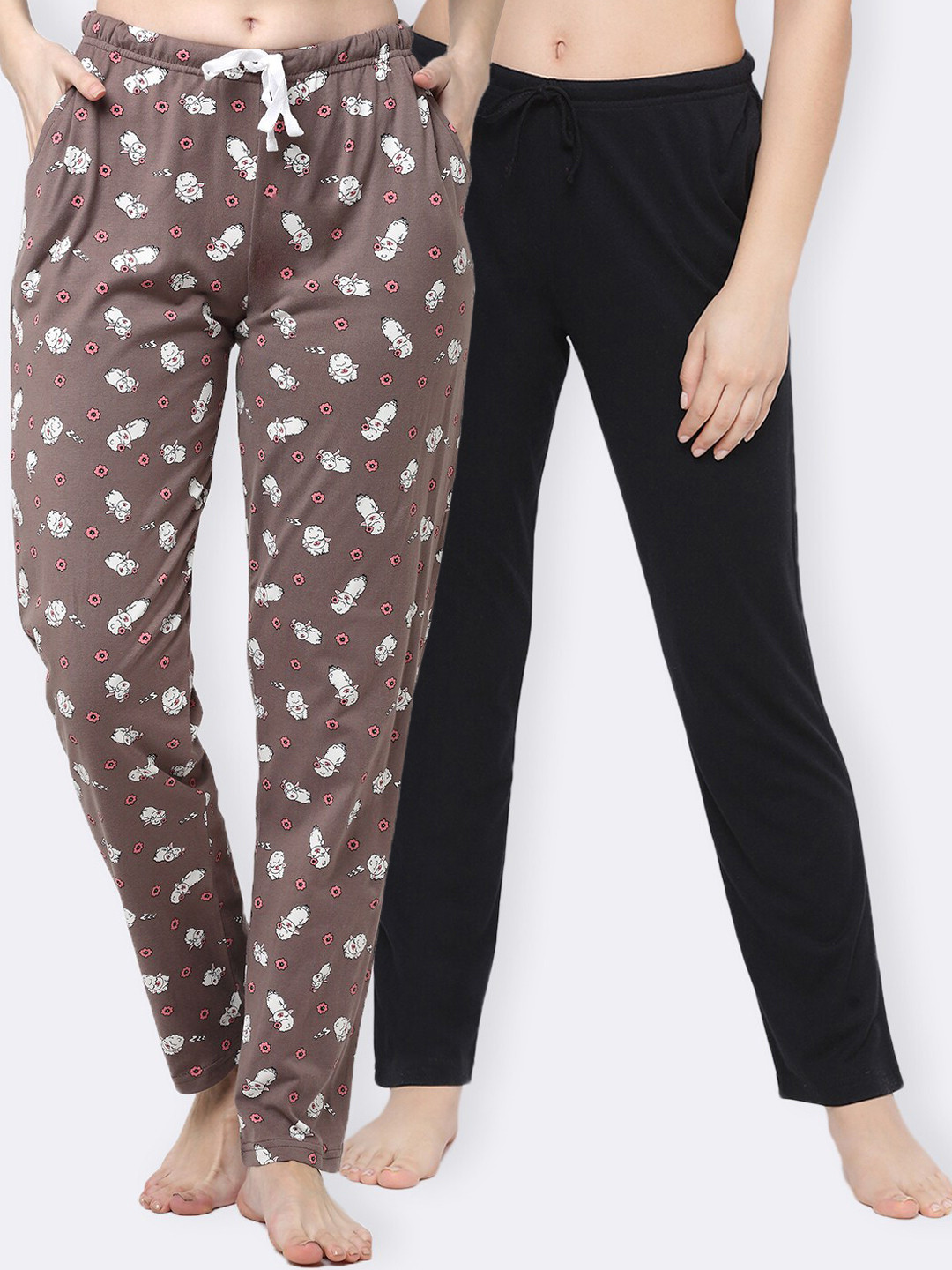 

Kanvin Women Pack Of 2 Printed Pure Cotton Lounge Pants, Black