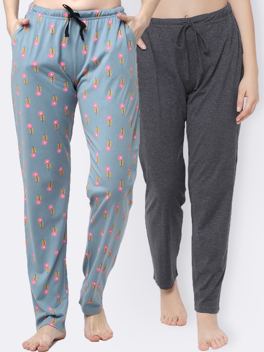 

Kanvin Women Pack Of 2 Solid & Printed Pure Cotton Lounge Pants, Charcoal