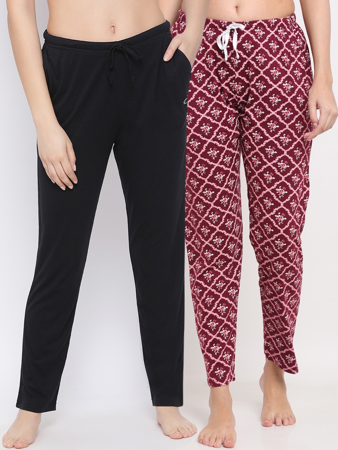 

Kanvin Women Pack Of 2 Printed Pure Cotton Lounge Pants, Black