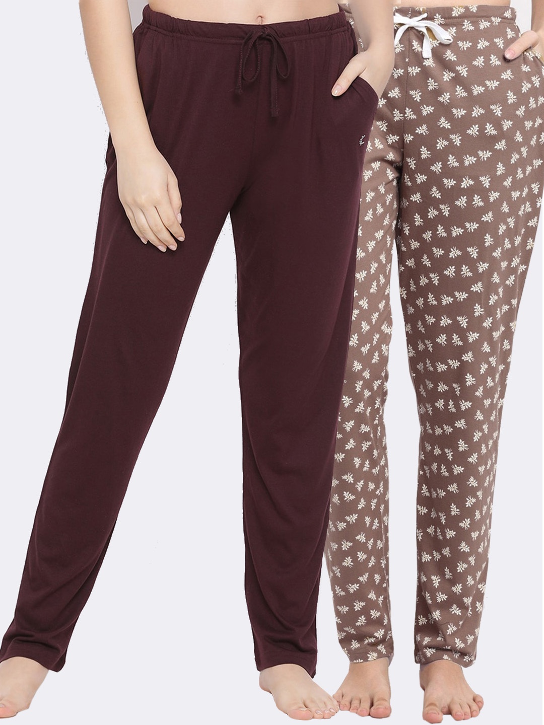 

Kanvin Women Pack Of 2 Printed Pure Cotton Lounge Pants, Brown