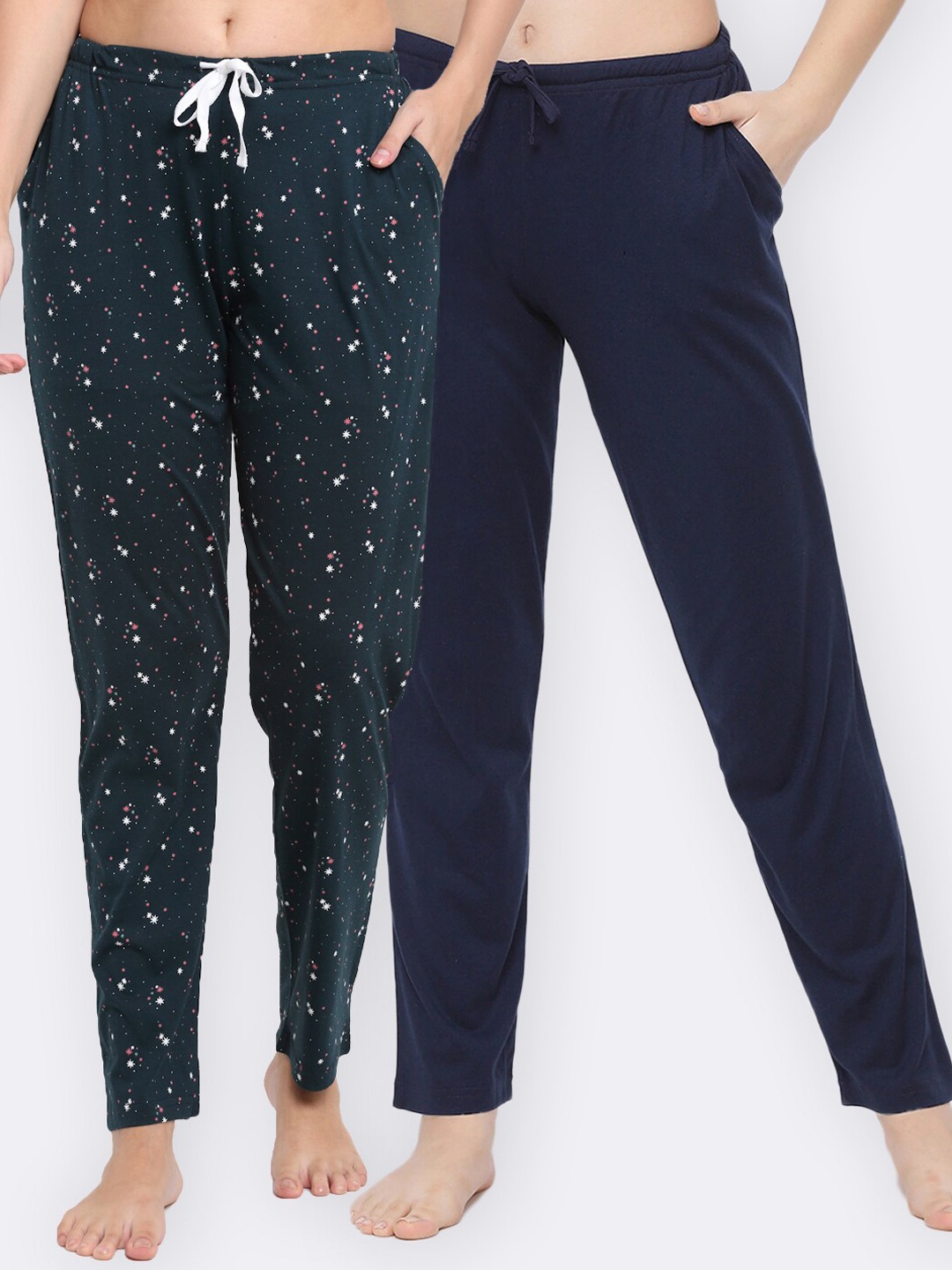 

Kanvin Women Pack Of 2 Printed Pure Cotton Lounge Pants, Navy blue