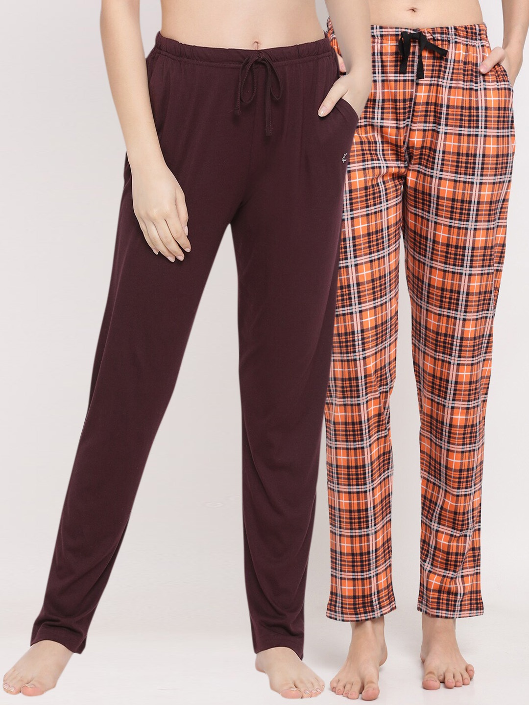 

Kanvin Women Pack Of 2 Printed Pure Cotton Lounge Pants, Brown