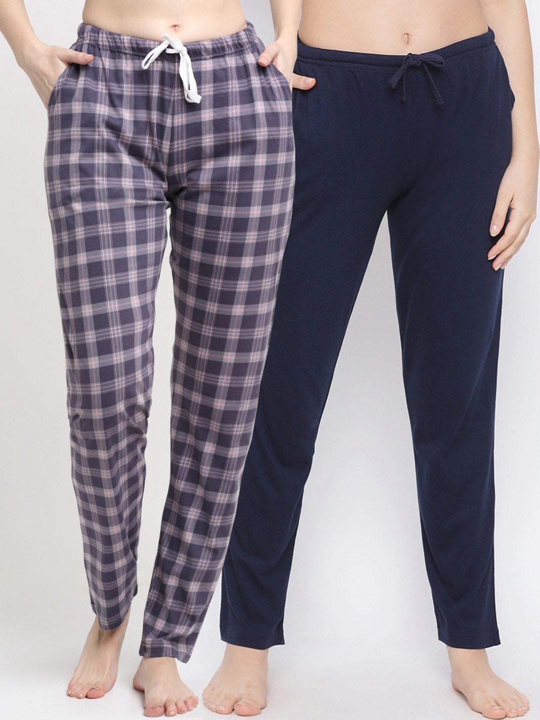 

Kanvin Women Pack Of 2 Solid & Checked Pure Cotton Lounge Pants, Navy blue