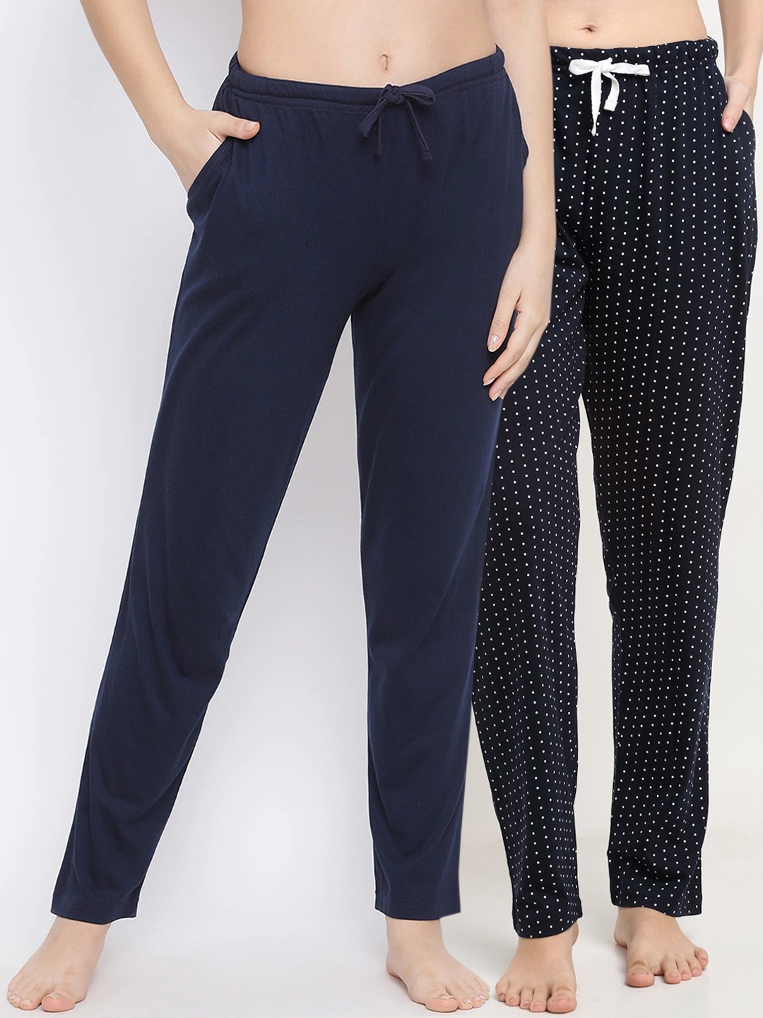 

Kanvin Women Pack Of 2 Printed Pure Cotton Lounge Pants, Navy blue
