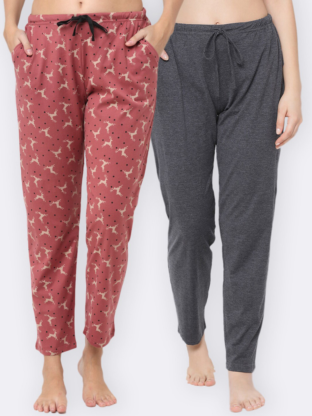 

Kanvin Women Pack Of 2 Printed Pure Cotton Lounge Pants, Charcoal
