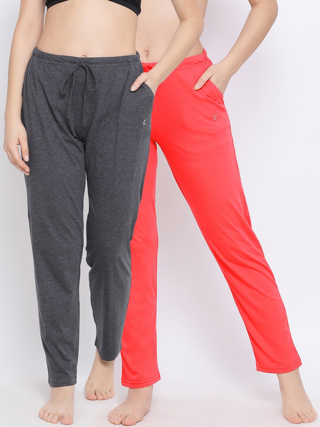 

Kanvin Women Pack Of 2 Solid Pure Cotton Lounge Pants, Charcoal