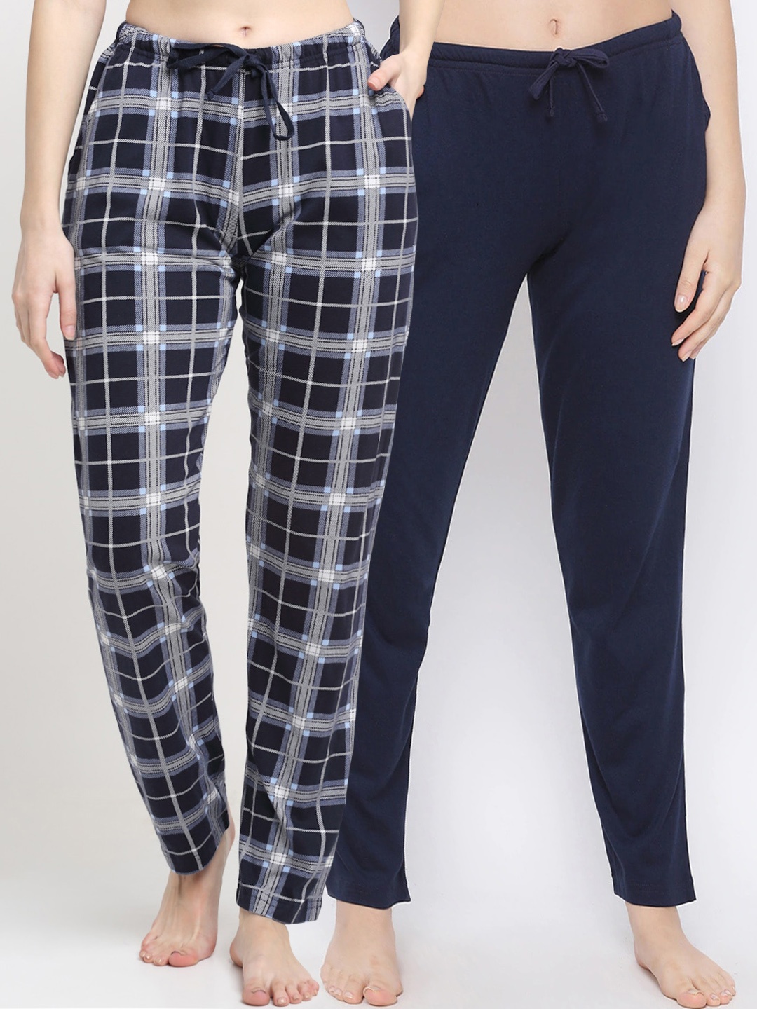 

Kanvin Women Pack Of 2 Checked Pure Cotton Lounge Pants, Navy blue