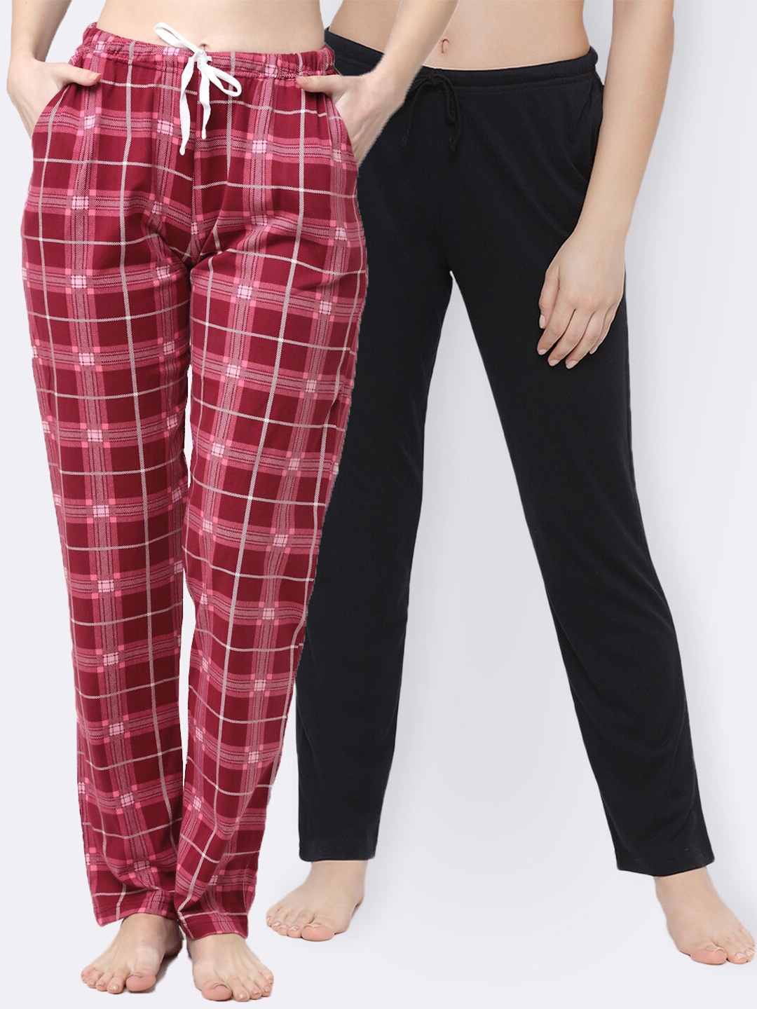 

Kanvin Women Pack Of 2 Checked Cotton Lounge Pants, Black